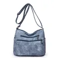 Sac bandoulière en cuir souple gris-bleu avec poches zippées et sangle réglable - Bleu