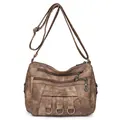Bolso bandolera de cuero suave marrón con múltiples cremalleras y gran capacidad mujer - Marrón