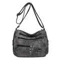 Vintage dark grey soft faux leather crossbody bag with multiple zip pockets and strap - Black