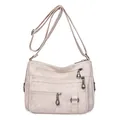 Bolso bandolera versátil de cuero suave beige con múltiples capas para mujer - Blanco Roto