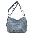 Bolso bandolera de moda azul lavado para mujer con bolsillos con cremallera multicapa - Azul