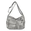 Gray vintage multi-layer soft leather crossbody bag with multiple zippers and adjustable strap - Gray