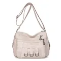 Bolso bandolera vintage de cuero suave crema con múltiples bolsillos con cremallera - Blanco Roto