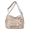 Bolso bandolera vintage caqui de cuero lavado con múltiples bolsillos y correa ajustable - Caqui