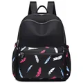 Women black nylon backpack featuring colorful feather print and multi-pocket storage - Feather