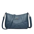 Deep blue textured leather shoulder bag with geometric stitching and kangaroo logo - Style A / Blue