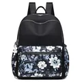 Women's backpack with black nylon and blue floral patchwork design and multiple pockets - Sunflower