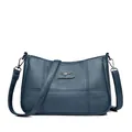 Women's dark blue soft leather crossbody bag with lychee texture and metallic logo - B-Style Blue