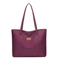 Deep purple nylon tote bag with brown leather patch logo and long shoulder straps - Purple