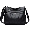 Bolso bandolera clásico de cuero PU negro con múltiples cremalleras y bordado elegante - Negro