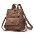 Deep brown vintage faux leather backpack with multiple pockets and matte finish - Brown
