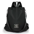 Multi-functional black anti-theft backpack with waterproof fabric and silver metal logo - Black