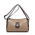 Khaki cross-body bag with dark brown trim and patterned geometric shoulder strap - Khaki