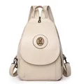 Chic beige faux leather backpack featuring a vintage gold bear emblem and adjustable straps - White