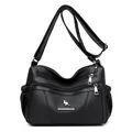 Bolso bandolera minimalista de cuero sintético negro con textura lichi y bolsillos - Negro