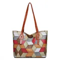 Sac fourre-tout géométrique color-block avec motif cube 3D et bandoulière en cuir marron - Style Patchwork Marron (1512)