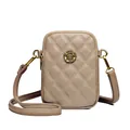 Borsa a tracolla in pelle trapuntata taupe con fibbia a fiore dorato e cinturino - Cachi