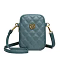 Borsa a tracolla in pelle trapuntata per cellulare, verde bluastro con chiusura floreale - Blu