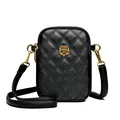 Borsa porta cellulare in pelle nera trapuntata con fibbia a fiore dorata e tracolla - Nero