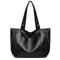 Polished black PU leather tote bag with large capacity and stylish front pocket detail - Black