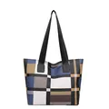 Large tote bag featuring geometric color block pattern in blue, grey, and coffee - Blue