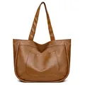 Classic caramel brown tote bag in pebbled faux leather with front arc pocket detail - Brown