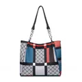 Modische Nylon-Oxford-Tasche mit buntem geometrischem Patchwork und silberner Kette - Rot