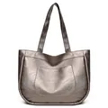 Metallic bronze large tote bag made of textured synthetic leather with side pockets - Silver
