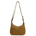 Borsa a tracolla in nylon marrone a mezza luna con logo metallico su sfondo bianco - Caramello