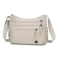Light khaki nylon crossbody bag with multi-layer zipper pockets and adjustable strap - Beige