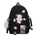 Süßer schwarzer Schulrucksack mit Sichtfenster, Teddy-Anhänger und bunten Comic-Ansteckern - Einzelne Tasche / Schwarz