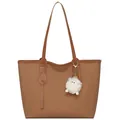 Bolso tote marrón tejido para mujer con pompón blanco decorativo y gran espacio interior - Marrón