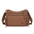 Bolso bandolera de nailon marrón oscuro con múltiples cremalleras y correa ancha - Caramelo