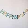 Λεπτομέρεια πανό Happy Birthday με γράμματα σε απαλά χρώματα Morandi για πάρτι - Αγγλικά Πράσινο Καφέ Μπλε