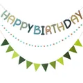 Three-piece forest theme felt Happy Birthday banner set with pom poms and triangles - Blue Ins Style Set
