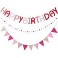 Colorful pom pom Happy Birthday banner set with felt triangle flags for party decor - Rose Pink White Ins Style Set