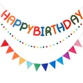 Colorful Happy Birthday felt banner set with pom pom garland and rainbow pennant flags - Multicolor Ins Style Set