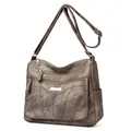 Bolso bandolera de cuero suave marrón retro con múltiples cremalleras y correa - Caqui