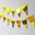 Golden Happy Birthday bunting banner with metallic heart flags for party decorations - Gold