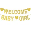 Golden glitter Welcome Baby Girl banner with heart accents for baby shower party decor - Welcome Baby Girl Style