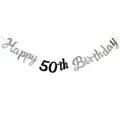 Ασημί και μαύρο πανό Happy 50th Birthday με μεταλλικό φινίρισμα και λευκό σπάγκο - 50α γενέθλια / Ασημί
