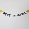 Banderole Happy Anniversary noire avec cœurs dorés pailletés pour décoration de fête - Bannière avec 2 Cœurs Dorés / Noir