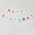 Colorful HAPPY BIRTHDAY banner with white dovetail paper flags for party decoration - White Background Colored Letters