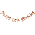 Close-up of metallic rose gold Happy 18th Birthday banner with glossy letters on white rope - 18th Anniversary (18th) / Rose Gold