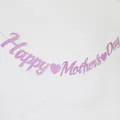 Pancarta Happy Mother's Day de purpurina morada con corazones para fiestas casa - Pancarta Happy Mother's Day Rosa y Corazón Rosa Purpurina