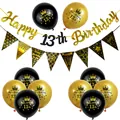 Black and gold 13th birthday party decoration set with balloons and banners on white background - 13th Birthday Script Set