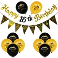 Black and gold 16th birthday party decoration set with glitter banners and printed balloons - 16th Birthday Script Set