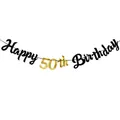 Μαύρο και χρυσό Happy 50th Birthday πανό για τη διακόσμηση του πάρτι 50ων γενεθλίων - 50α γενέθλια / Μαύρο Χρυσό