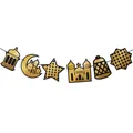 Dettaglio della ghirlanda Eid Mubarak glitterata oro con sagome di moschee e lanterne - Striscione Castello Luna Nero Oro Grande