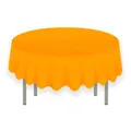Close-up of bright orange round PEVA tablecloth with scalloped edges on a round table - Orange
